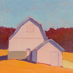A painting of a pink barn in front of red trees by Carol Young. 
