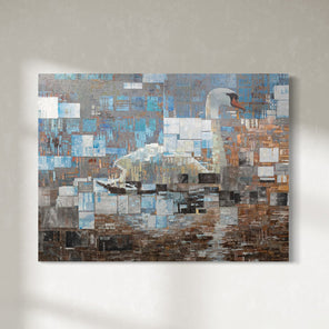 A white, dark orange and brown geometric abstract swan painting by Ned Martin with blue and black accents is hung on a gallery wall.