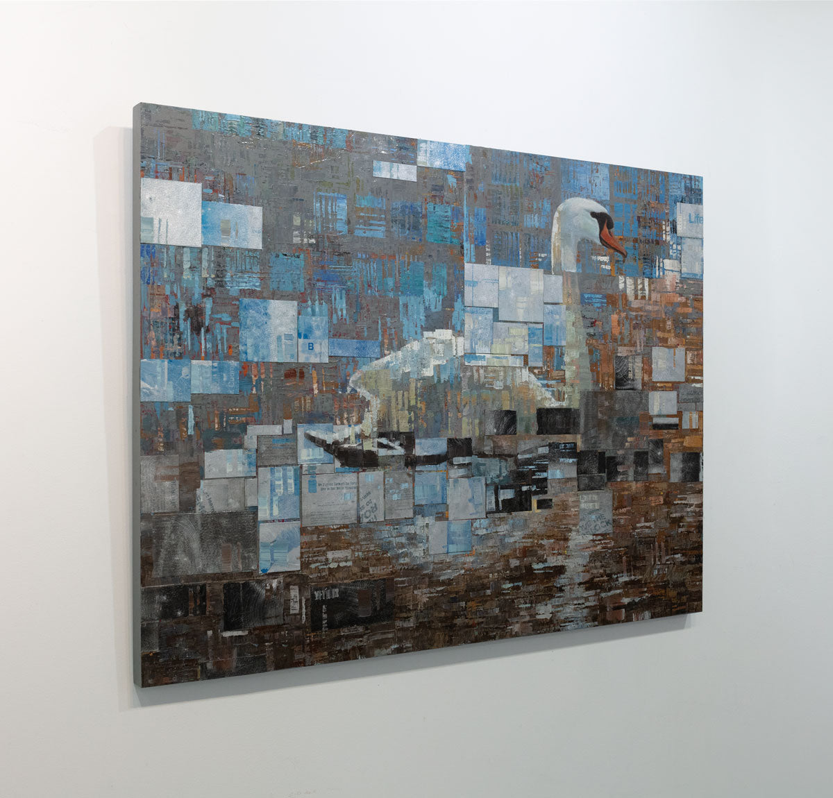 A white, dark orange and brown geometric abstract swan painting by Ned Martin with blue and black accents is seen at an angle on a gallery wall.