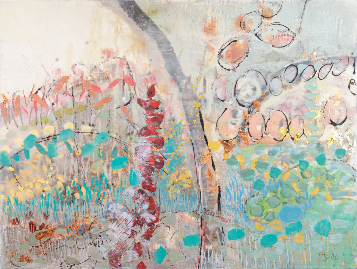 A multi-colored abstract painting by Linda Bigness. 