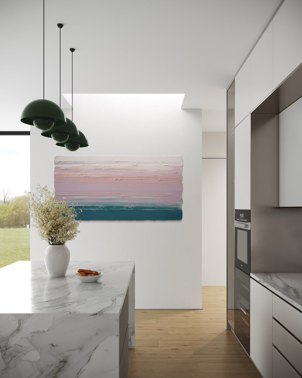Modern kitchen interior with marble island, original abstract painting by Teo Guererra on wall, and stainless steel appliances.