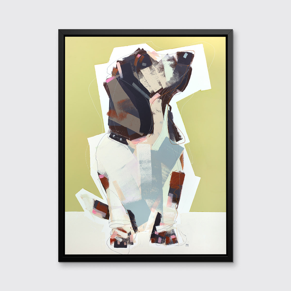 A chartreuse, navy, beige and light blue abstract dog print in a black floater frame hangs on a white wall.