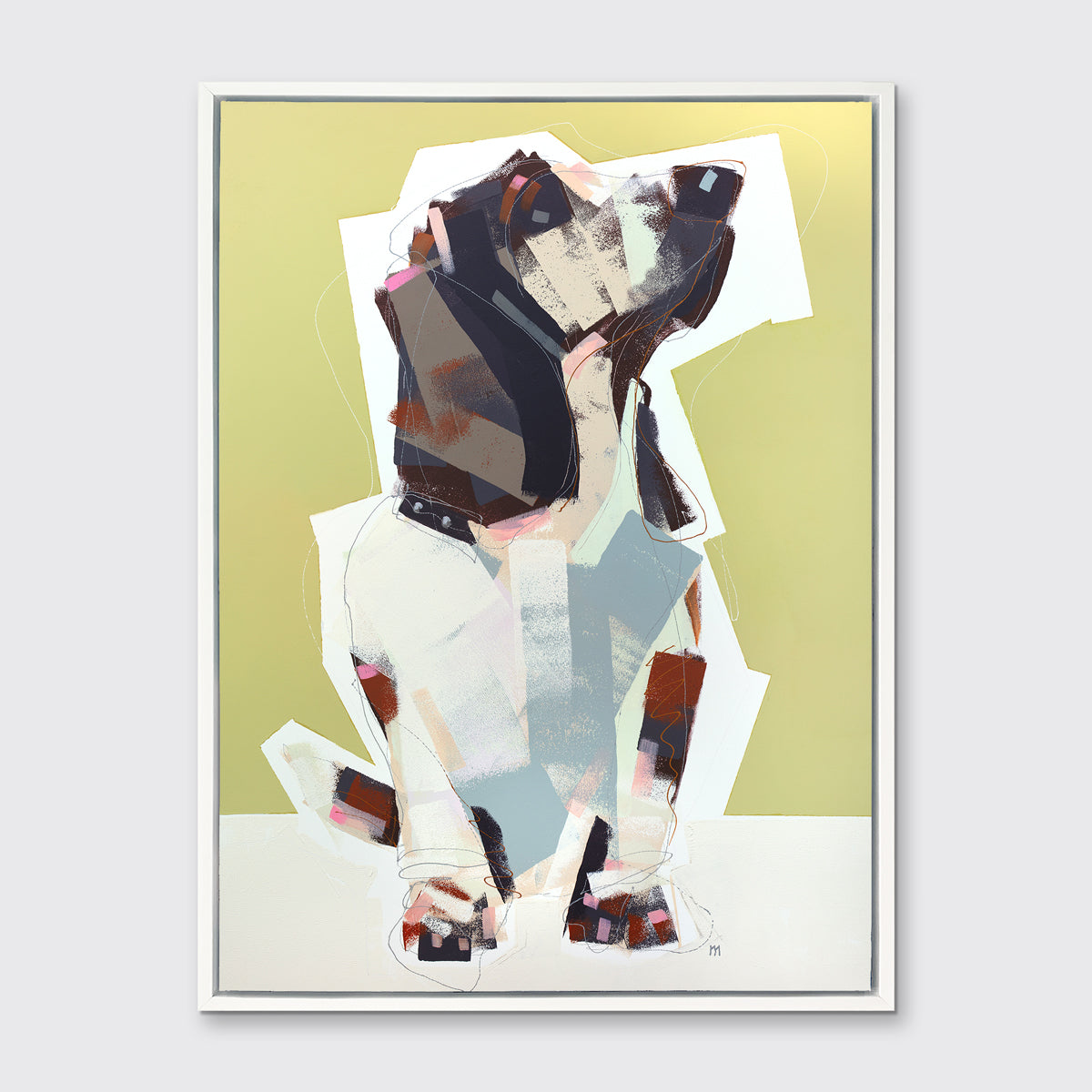 A chartreuse, navy, beige and light blue abstract dog print in a white floater frame hangs on a white wall.