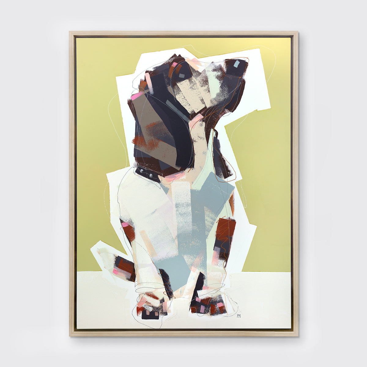 A chartreuse, navy, beige and light blue abstract dog print in a white oak wood floater frame hangs on a white wall.