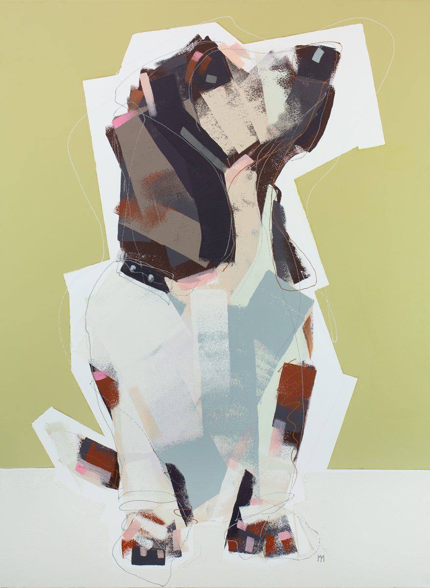 An abstracted painting of a basset hound dog by Russell Miyaki. 