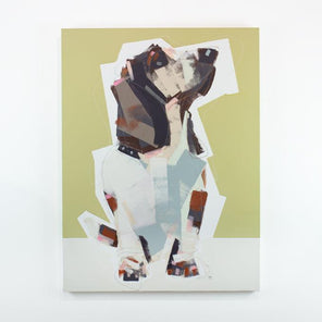 A yellow, white, and brown abstract painting of a dog hangs on a white wall.