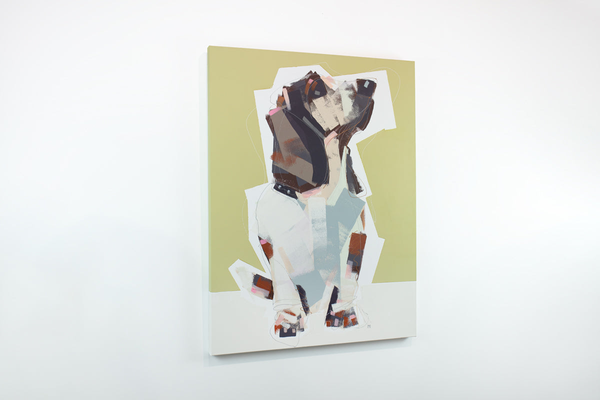 A yellow, white, and brown abstract painting of a dog hangs on a white wall.