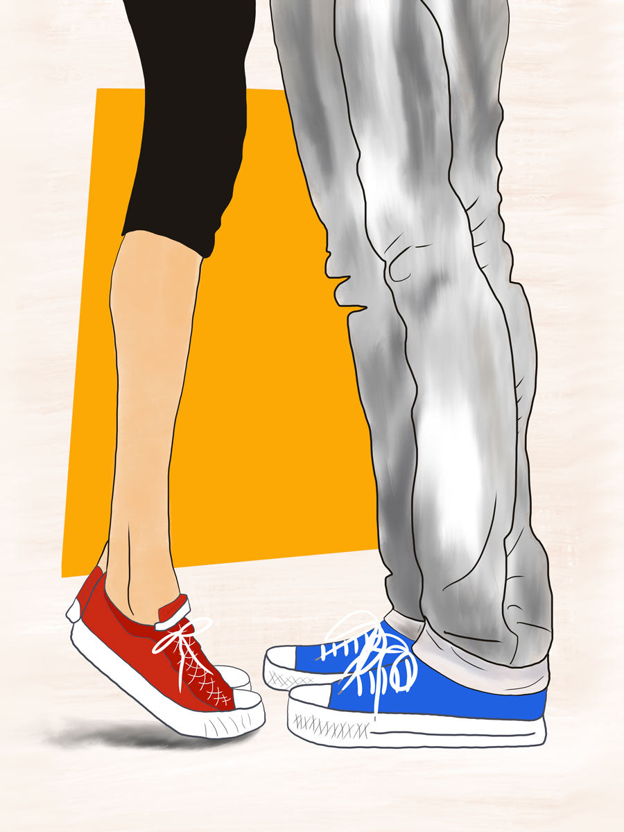 Art print with illustration of man and woman wearing Converse sneakers facing one another, with an orange geometric shape bhind them. 