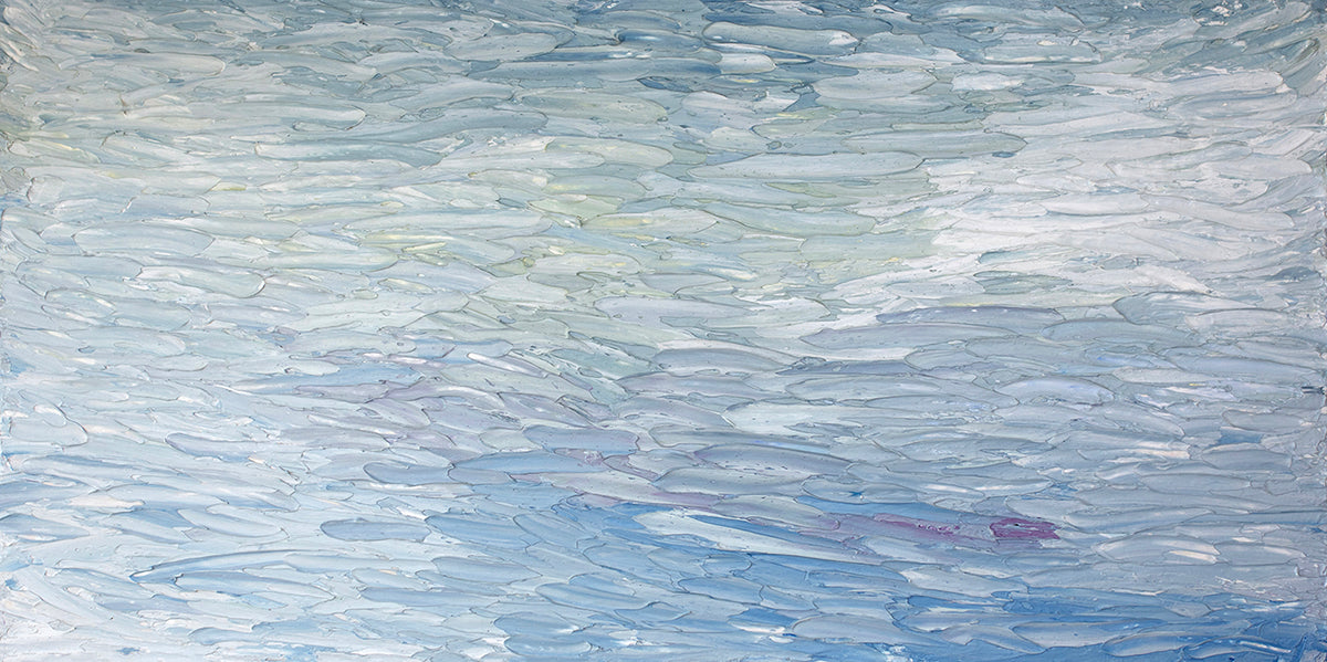 A abstract painting with blue textured brushstrokes. Wired and ready to hang.