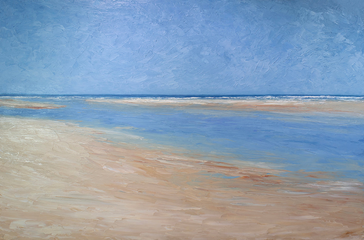A textured blue and beige coastal painting of a beach by S. Cora Aldo. 