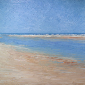 A textured blue and beige coastal painting of a beach by S. Cora Aldo. 