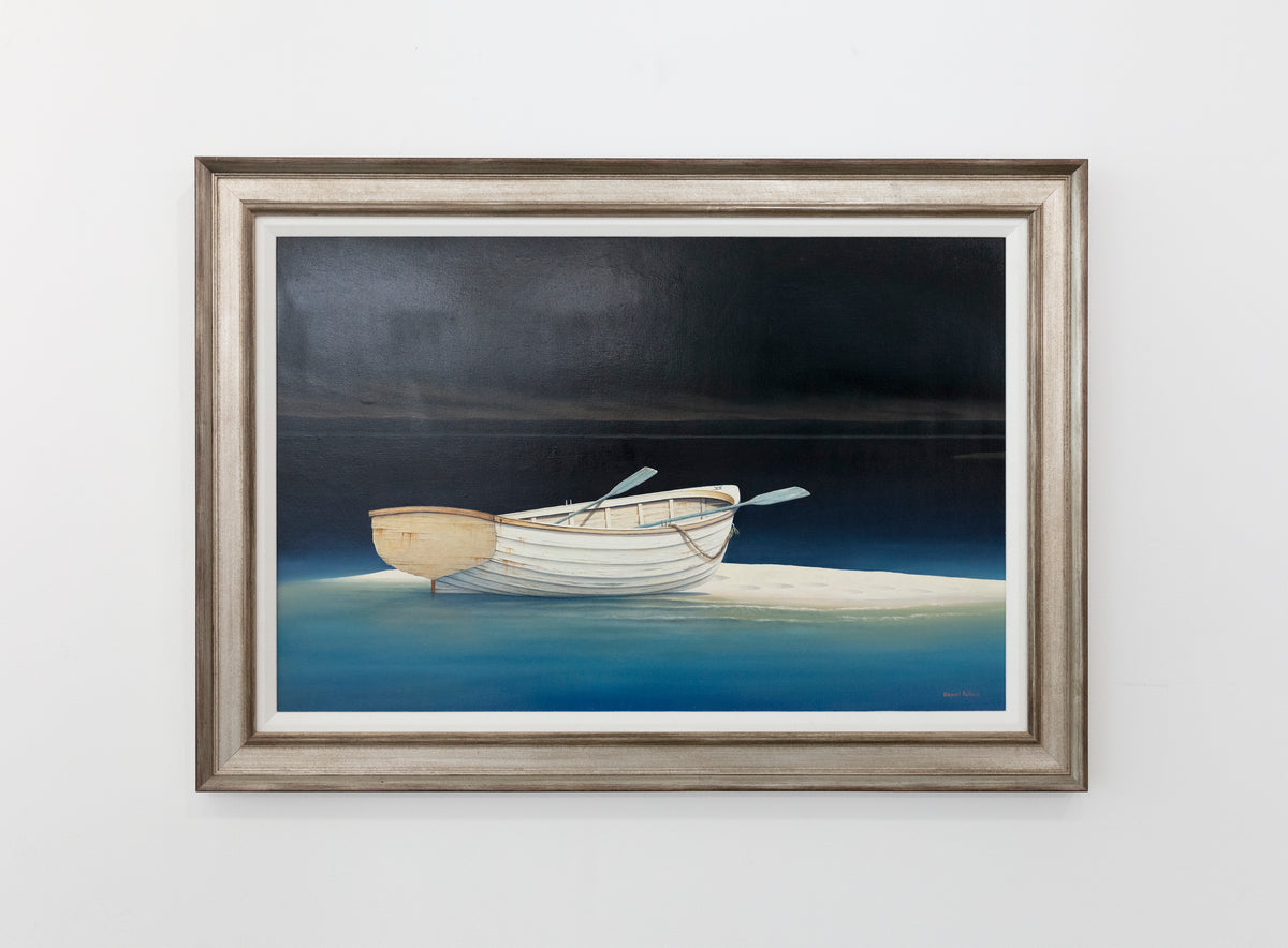 Painting of a rowboat stuck on a sandbank is hung on a gallery wall.