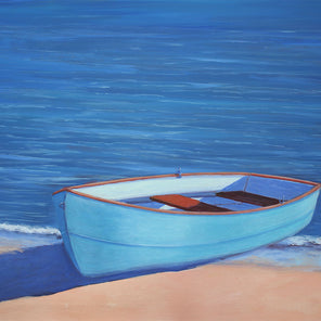 A painting of a blue dinghy boat on a sandy shoreline by Carol Young. 