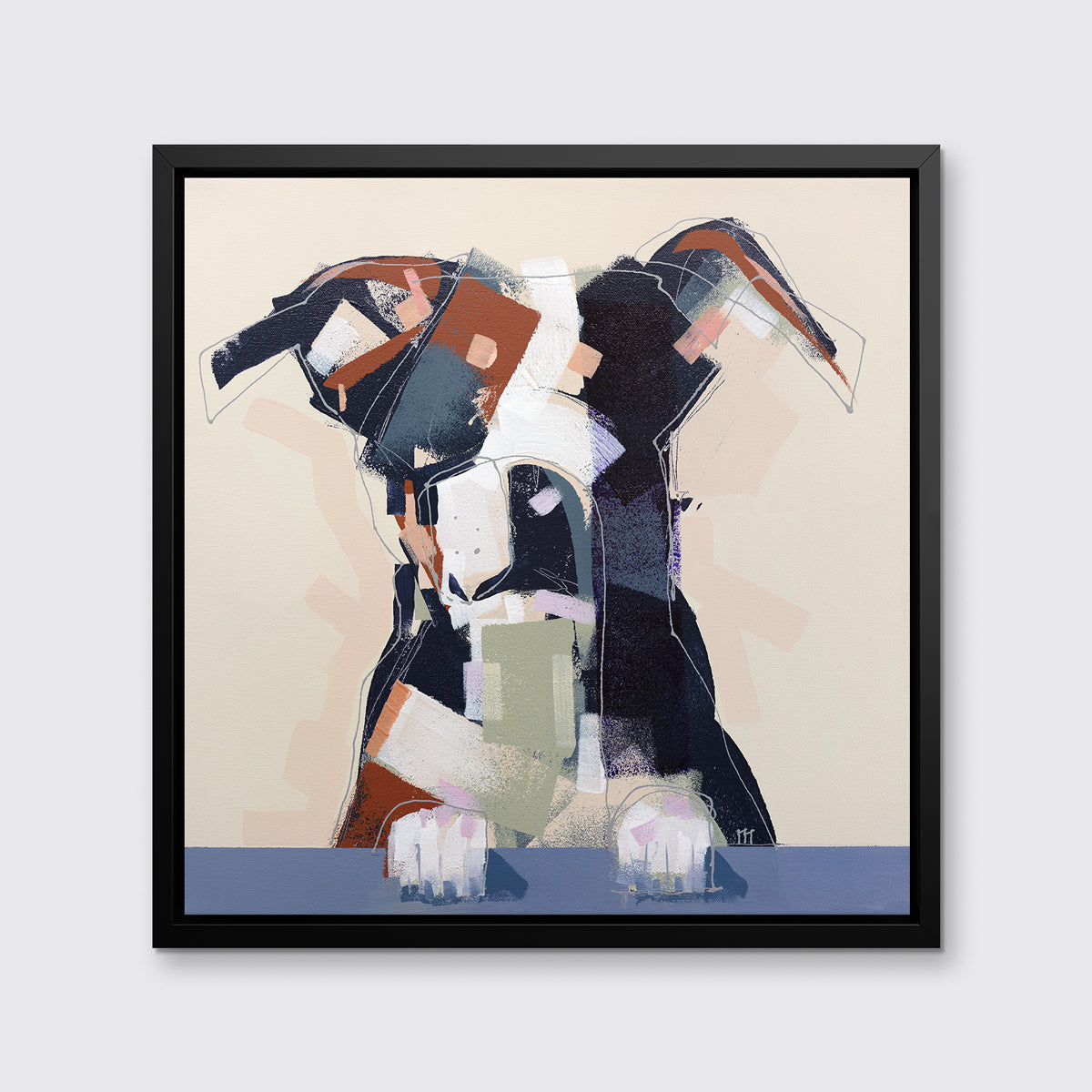 A navy, brown, white and beige abstract dog print in a black floater frame hangs on a white wall.