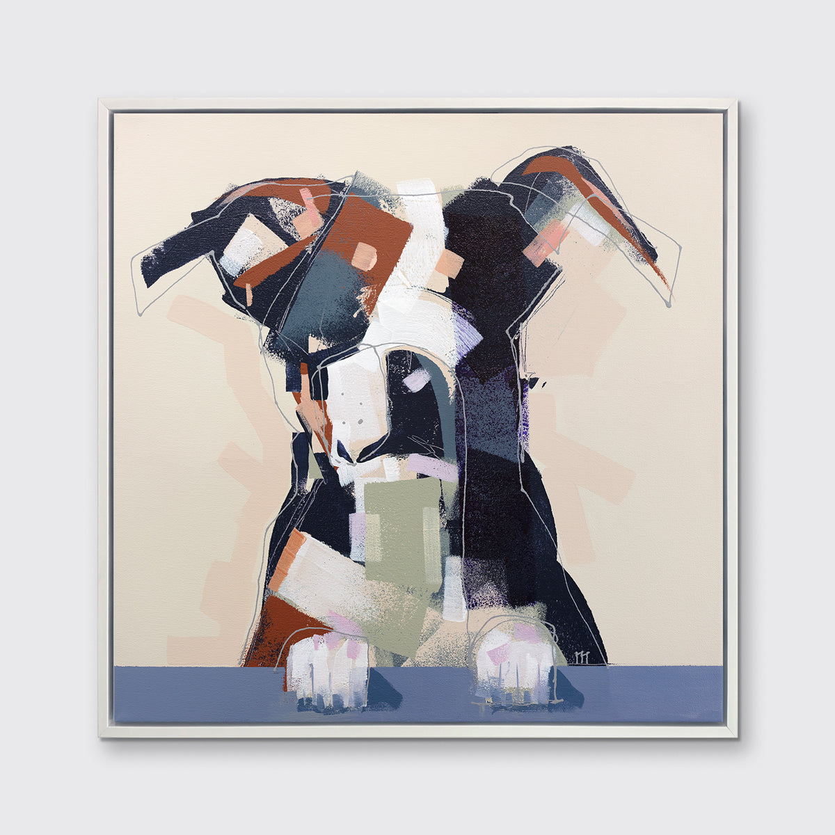 A navy, brown, white and beige abstract dog print in a white floater frame hangs on a white wall.