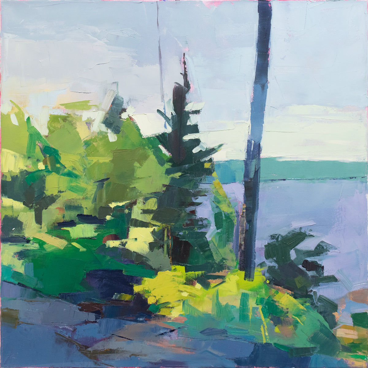 An abstracted landscape painting. 
