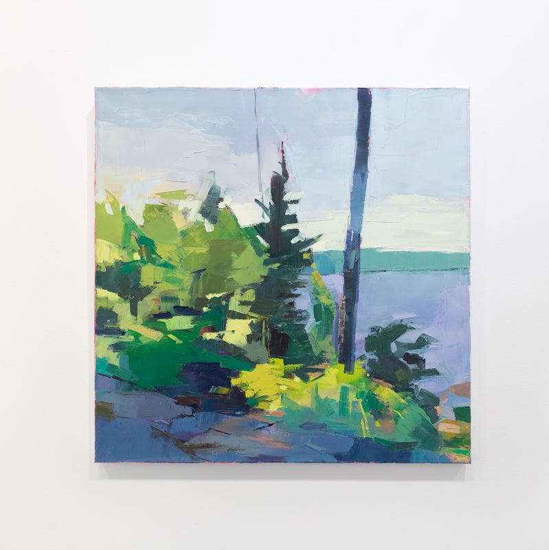 An abstract landscape painting hangs on a white wall. 