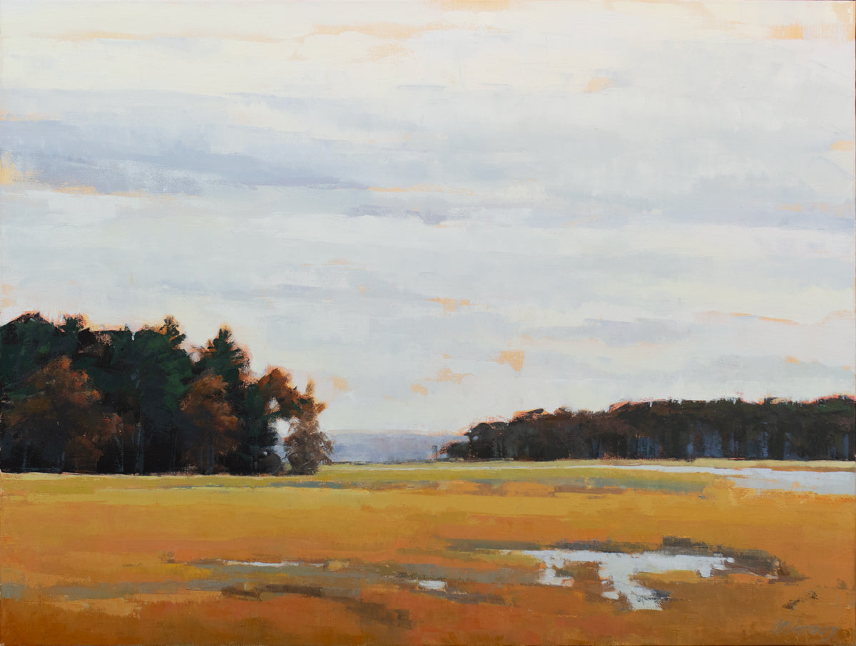 A light blue, dark green and shades of orange abstract landscape painting by Molly Doe Wensberg.