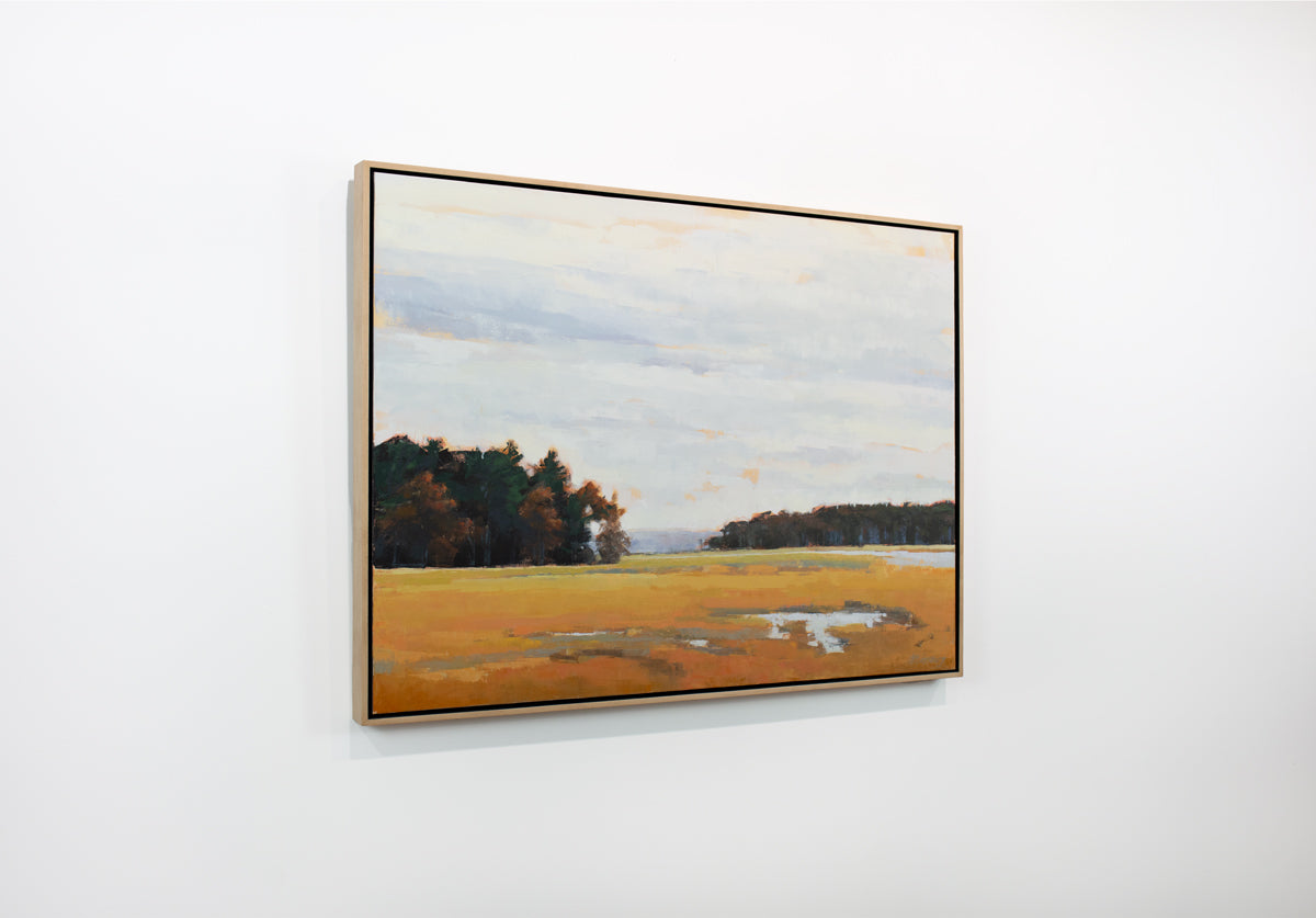 A side view of a light blue, dark green and shades of orange abstract landscape painting by Molly Doe Wensberg hangs in a light wood floater frame on a white wall.