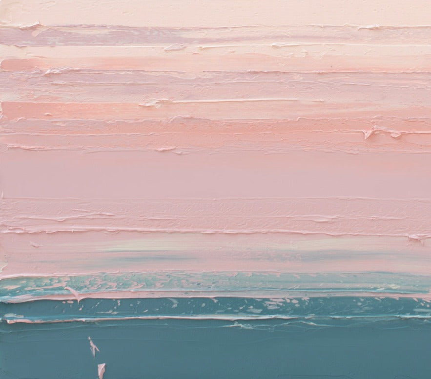 A peach, coral, pale pink and teal detail of the thick texture of a painting by Teodora Guererra.