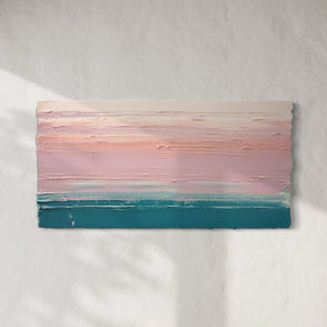 A peach, orange, coral, pale pink and teal thickly textured abstract painting hangs on a white wall.