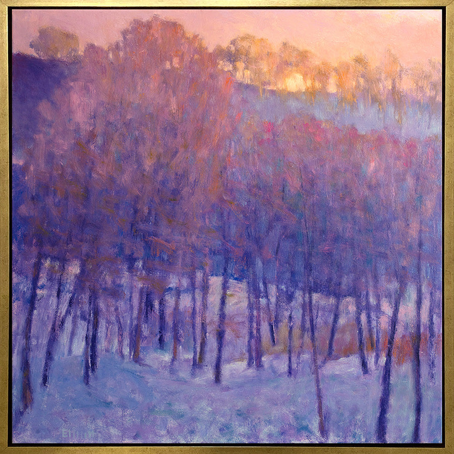 A painted scene of a snowy forest with a cool purple tone of the trees and the warm sun peaking behind the top.