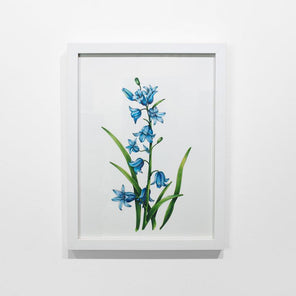 A blue and green botanical illustration hangs on a white wall. 