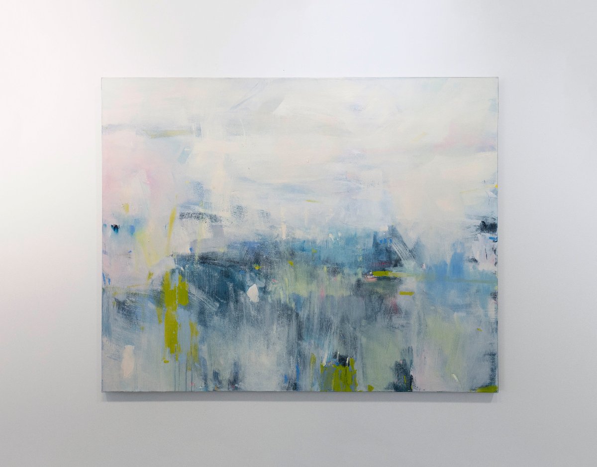 An abstract painting with energetic blue and yellow brushstrokes painted by Kelly Rossetti hangs on a gallery wall. Wired and ready to hang.