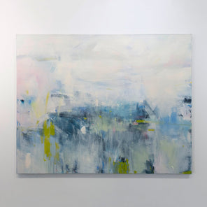 An abstract painting with energetic blue and yellow brushstrokes painted by Kelly Rossetti hangs on a gallery wall. Wired and ready to hang.