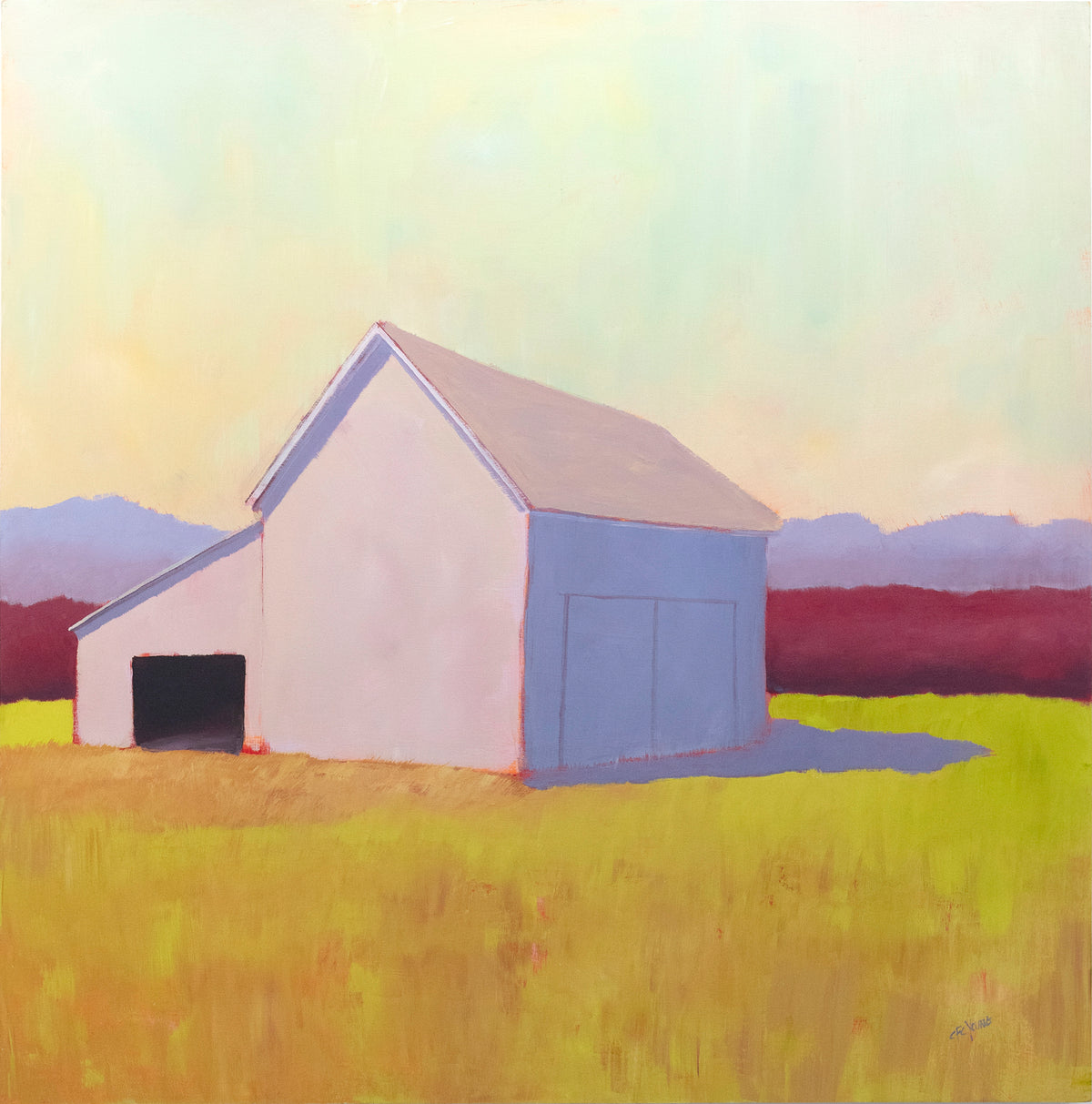 A landscape painting of a blush lavender barn with a tinted yellow sky, lavender and raspberry colored hedges and a chartreuse and orange foreground by Carol Young. 