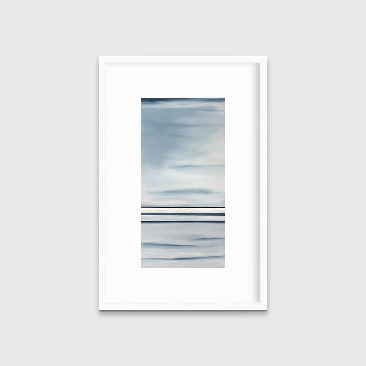 Blue and white abstract print in a white frame with a mat on a white wall.