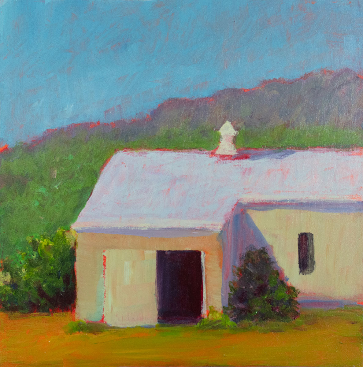 A green, blue, and yellow painting of a house in a landscape by Carol Young. 