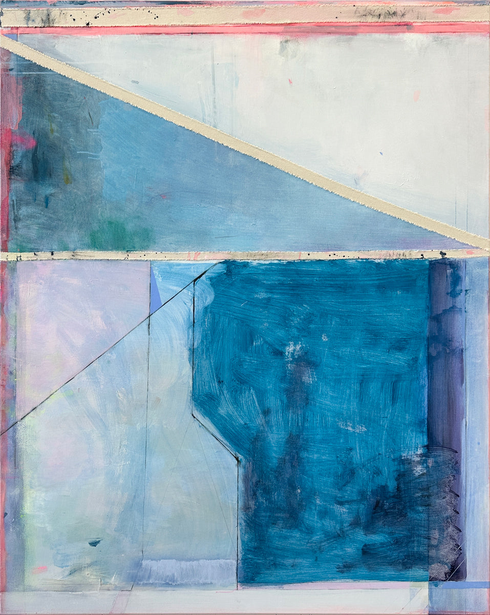 A blue and pink geometric abstract painting by Kelly Rossetti.