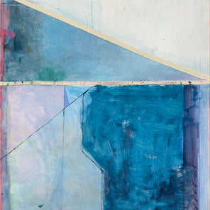 A blue and pink geometric abstract painting by Kelly Rossetti.