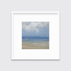 A blue, light green, beige and white abstract seascape print with a small sailboat in a white frame with a mat hangs on a white wall.