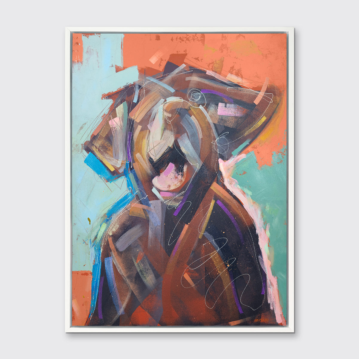 A orange, brown, teal and light pink abstract dog print in a white floater frame hangs on a white wall.