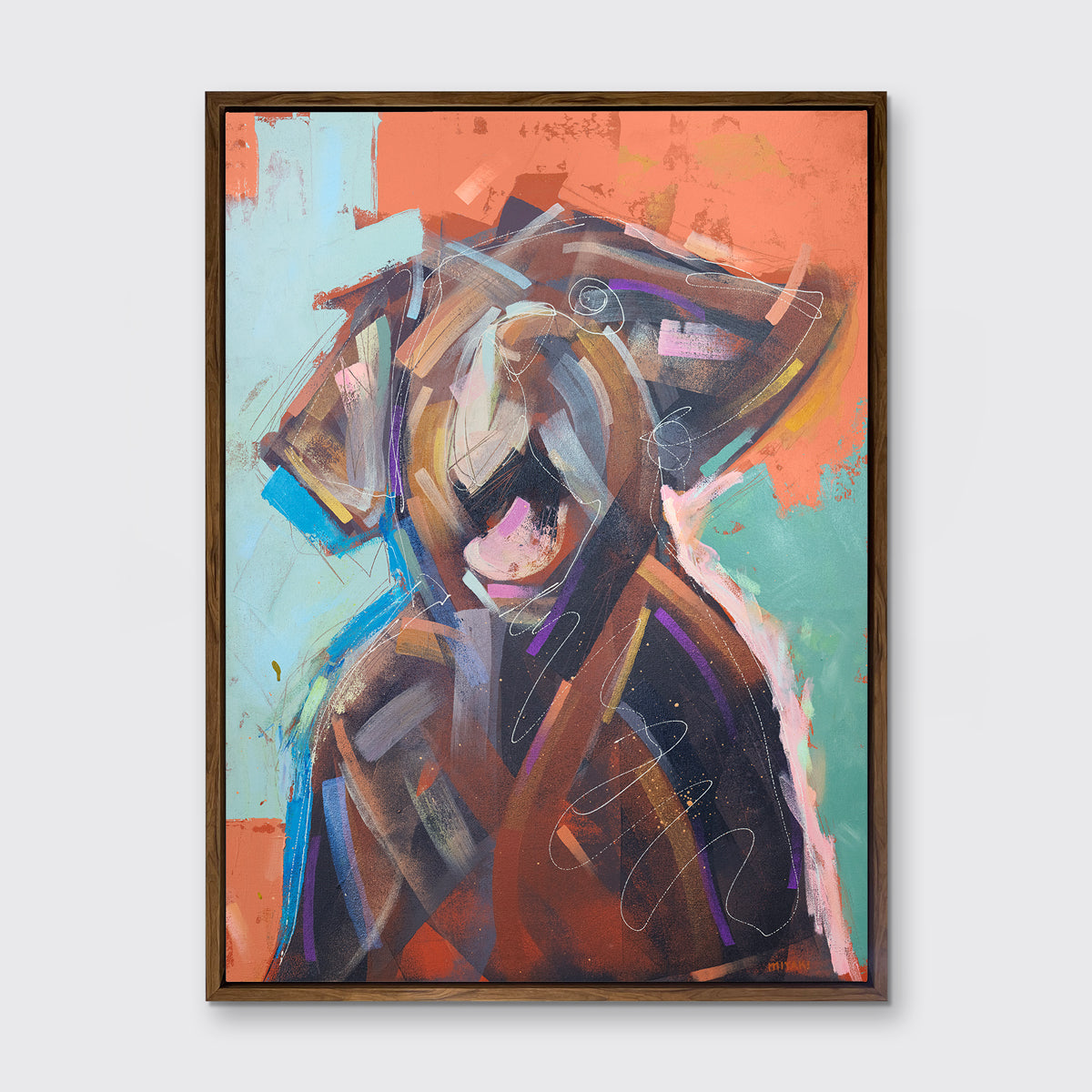 A orange, brown, teal and light pink abstract dog print in a oak wood floater frame hangs on a white wall.