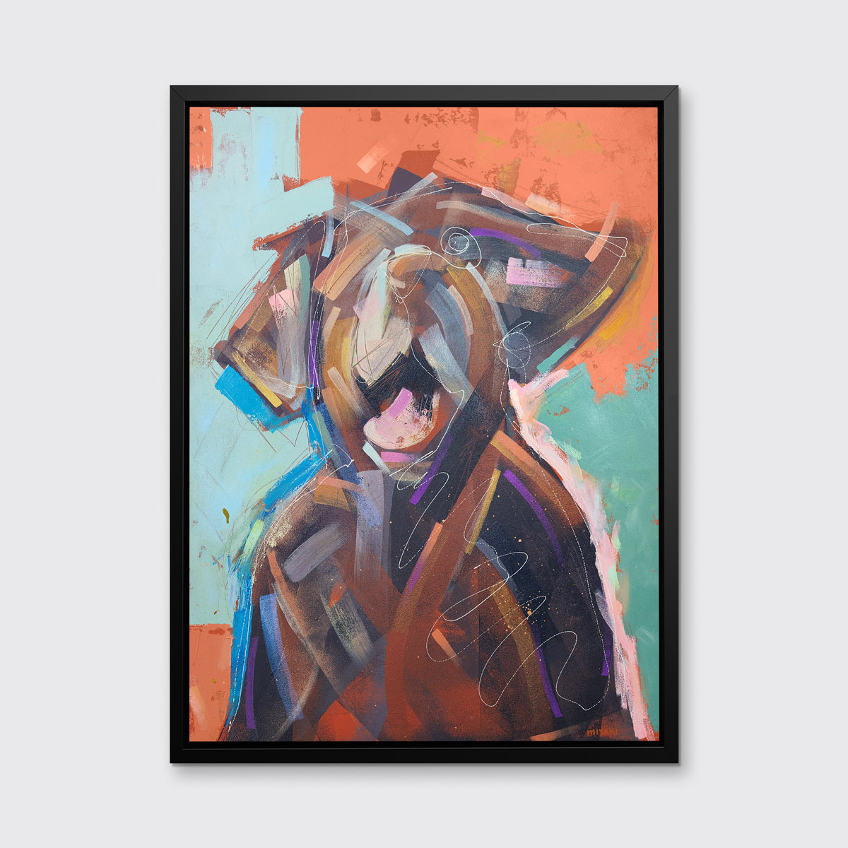A orange, brown, teal and light pink abstract dog print in a black floater frame hangs on a white wall.