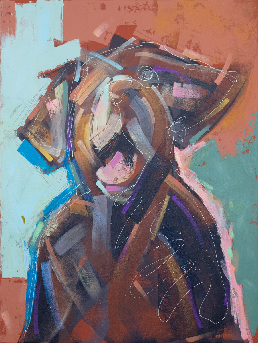 An abstracted red and brown painting of a dog by Russell Miyaki. 