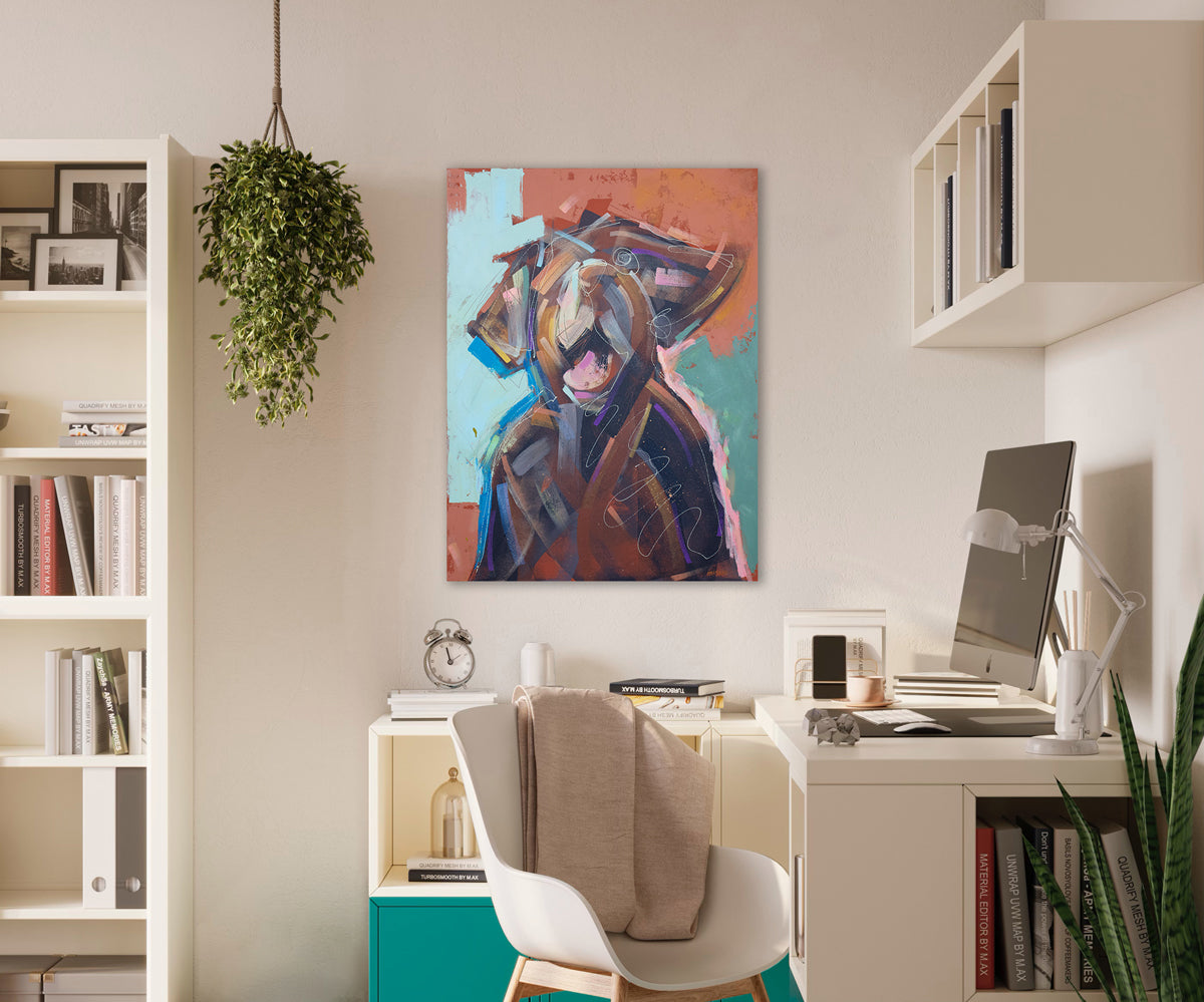 An abstracted painting of a dog hangs on a light wall above a home office desk and next to a white bookshelf. 