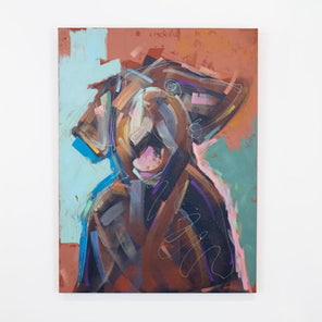 An abstracted red and teal painting of a dog hangs on a white wall. 