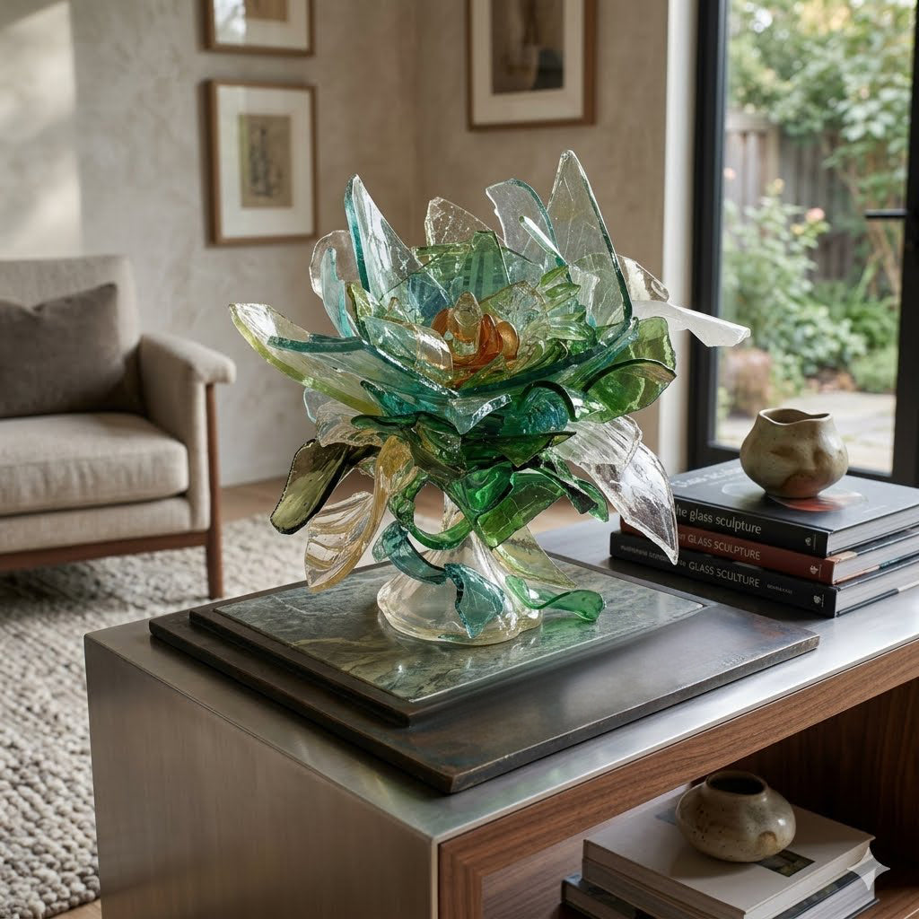 Artistic glass sculpture resembling a flower on a table in a living room setting