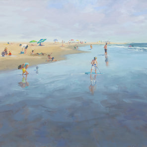 A painting of a beach with children and people playing on the water. 