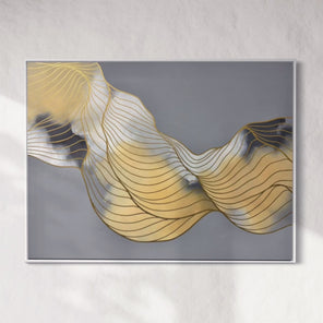 Abstract art piece with wavy lines on a gray wall.