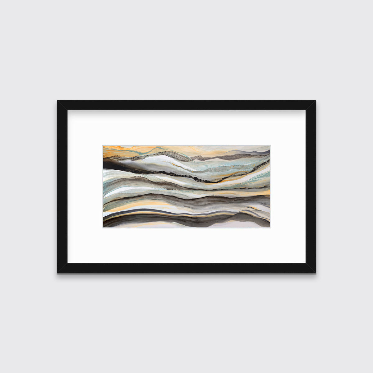 A black, white, orange and teal abstract print in a black frame with a mat hangs on a white wall.