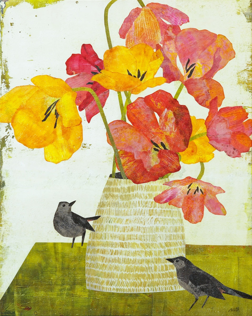 A colorful collage of flowers in a cream vase, with two small black birds on a green surface against a distressed off-white background.