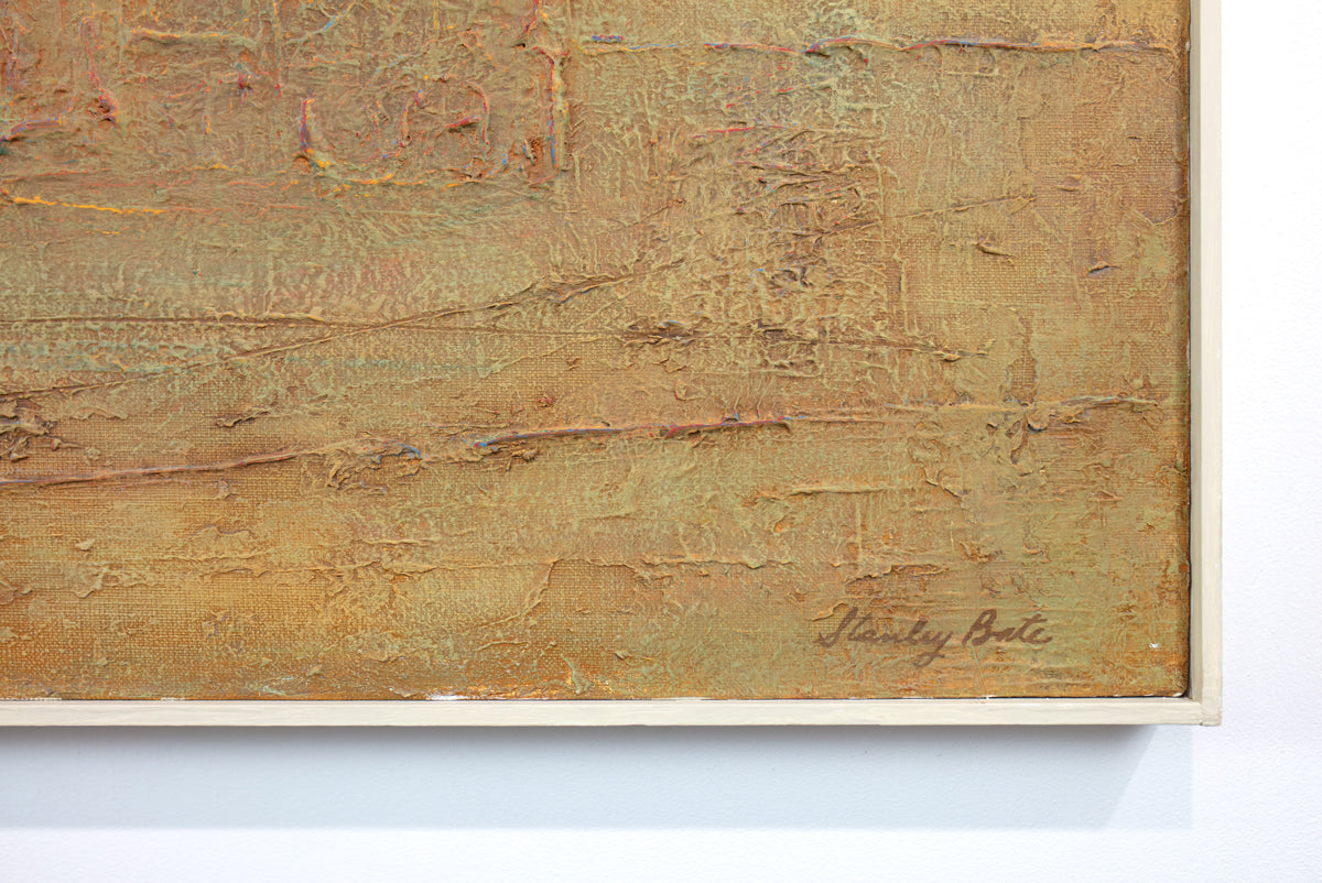 A close-up image of the bottom right corner of a textured abstract painting by Stanley Bate which shows the artist's signature. 