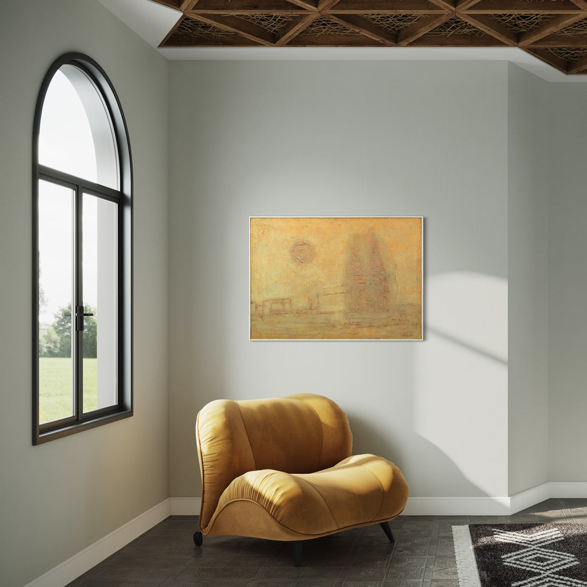 A warm yellow abstract painting hangs on a white wall above a modern yellow armchair and next to an arched window. 