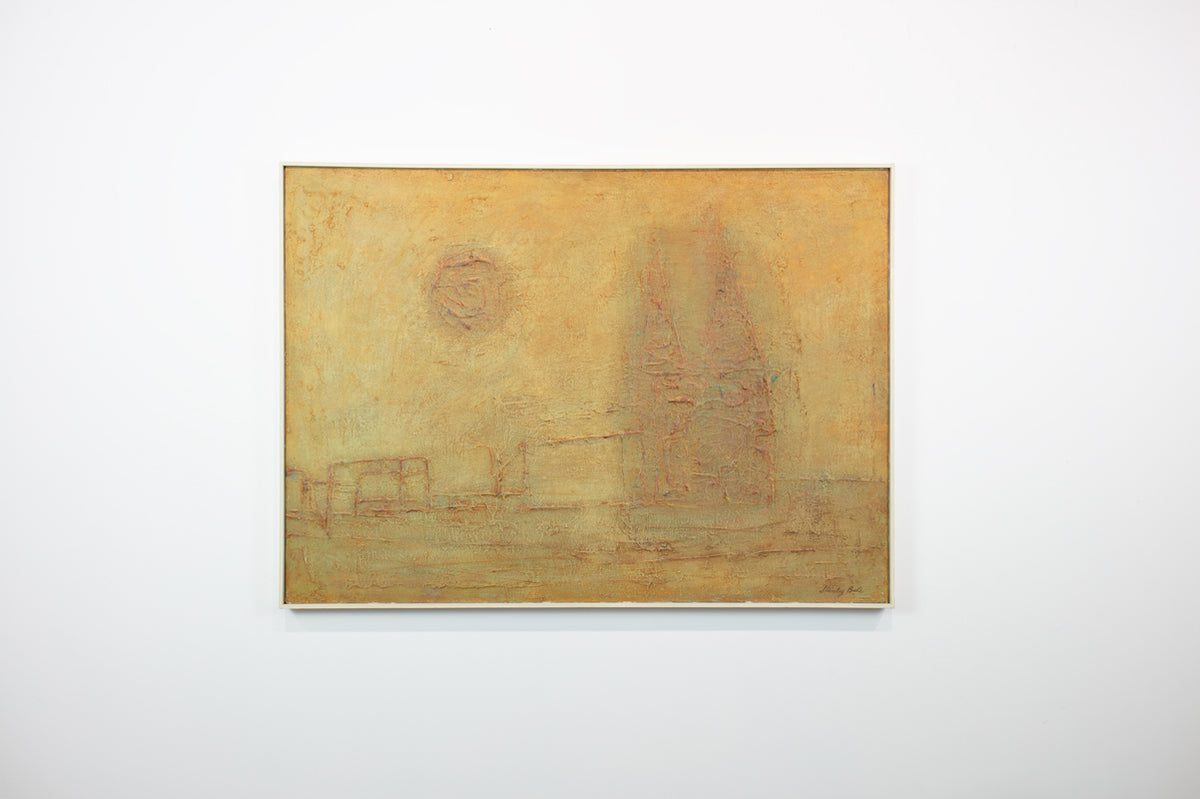 A modern yellow abstract painting hangs on a white wall. 