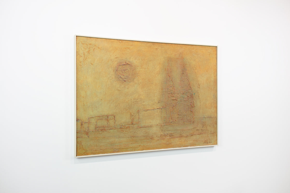 A modern yellow abstract painting hangs on a white wall.